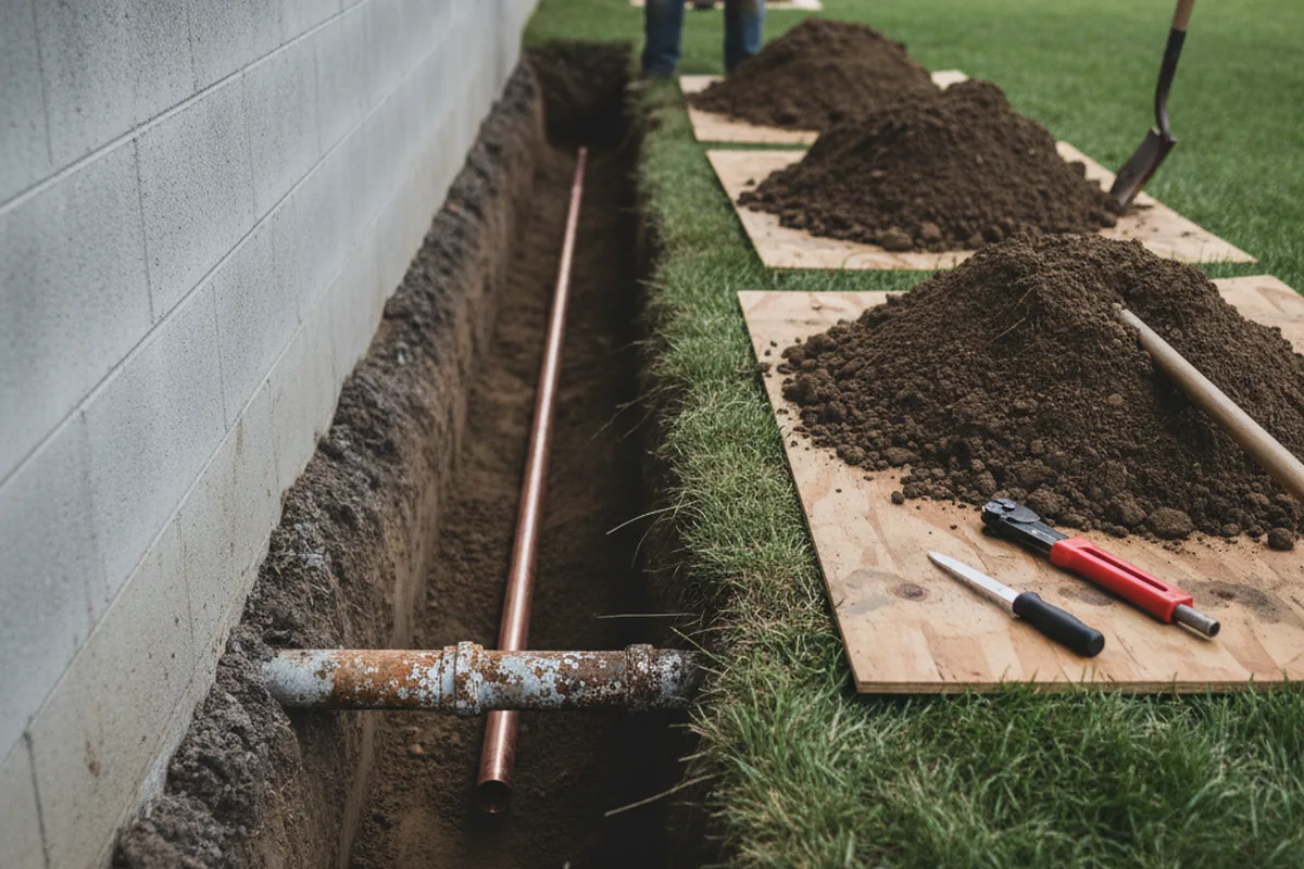 Excavated water line trench during Water Softener Installation in Vernon
